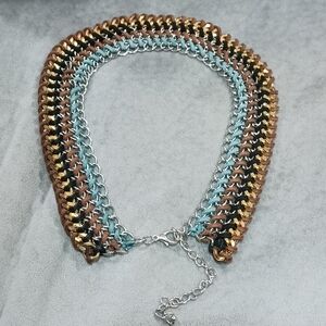 ELEGANT MULTICOLOR WOVEN COLLAR  METAL LEATHER CHAIN NECKLACE